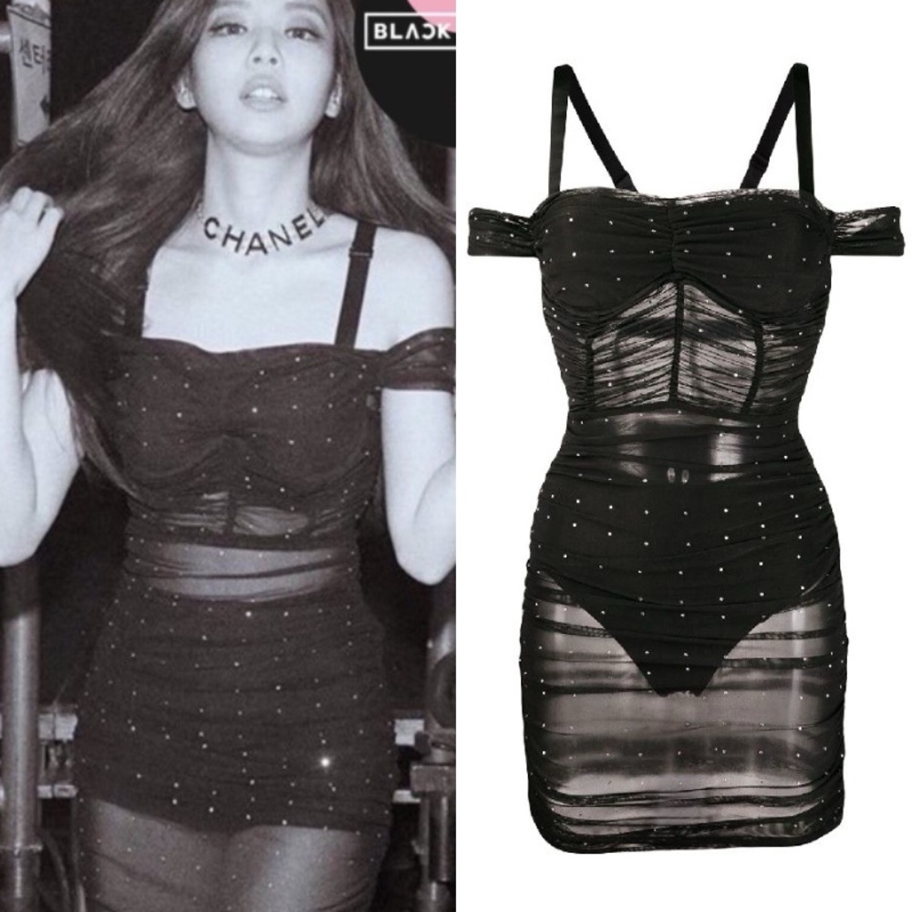 DANIELLE GUIZIO Lynx Rhinestone Crystal Mesh Ruched Mini Dress